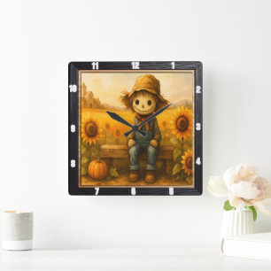 Friendly Scarecrow Sunny Field Quadratische Wanduhr