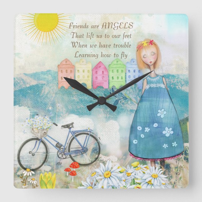 FRIENDS ARE ANGELS SQUARE CLOCK QUADRATISCHE WANDUHR (Vorderseite)