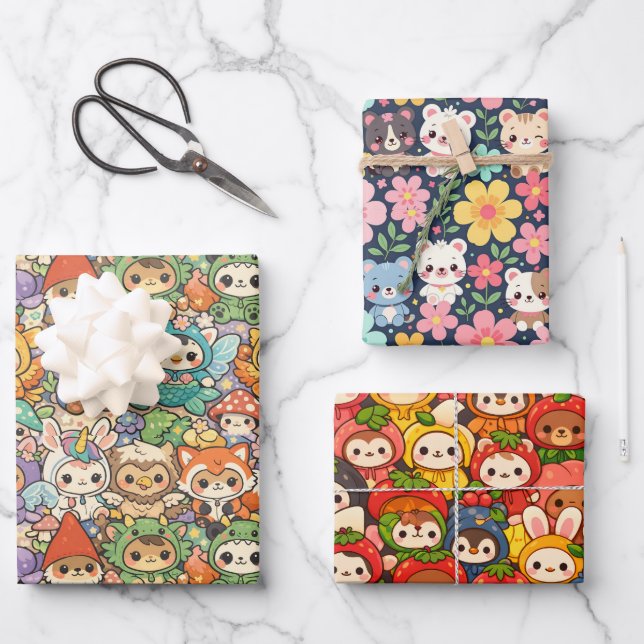 Friends Parade | Cute Animal Wrapping Paper Sheets Geschenkpapier Set (Vorderseite)
