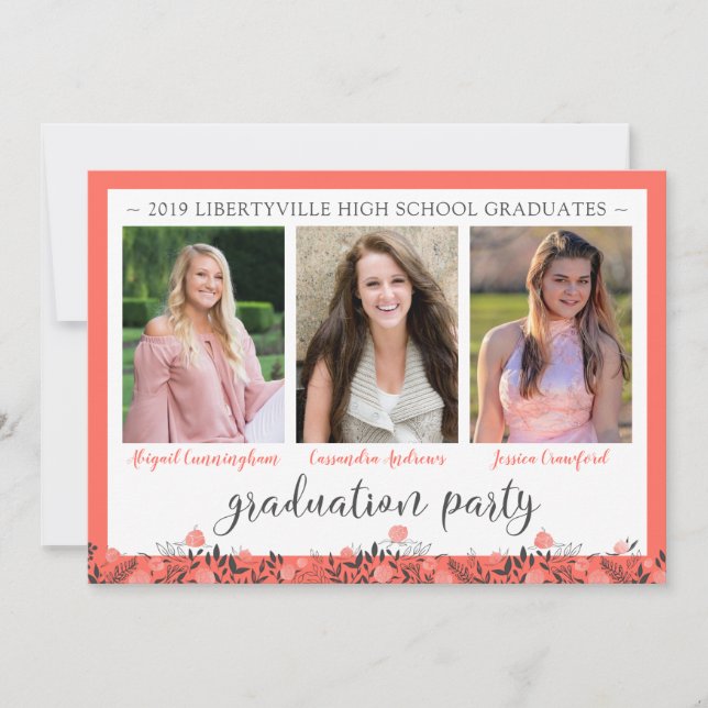 Friends Siblings Graduation Party Coral Floral Einladung (Vorderseite)