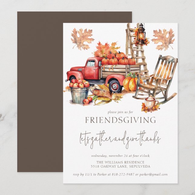 Friendsgiving Autumn Watercolor Truck Einladung (Vorne/Hinten)