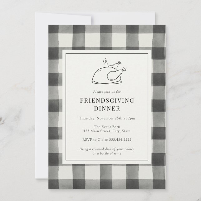 Friendsgiving Dinner Black Buffalo Kariert Einladung (Vorderseite)