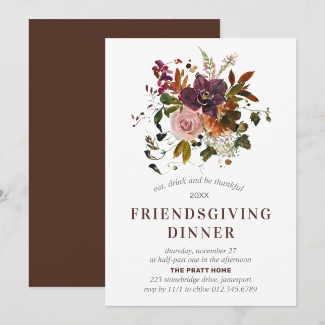 Friendsgiving-Dinner Burgund Roter Herbst Blumen Einladung (Vorne/Hinten)