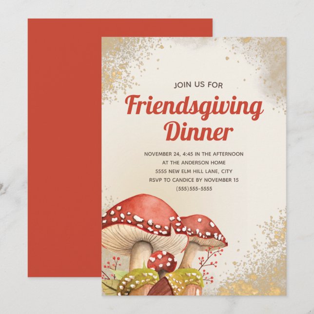 Friendsgiving Dinner Herbst Roter Pilz Gold Einladung (Vorne/Hinten)