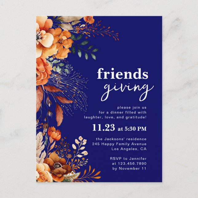 Friendsgiving dinner invitation autumnal floral postkarte (Vorderseite)
