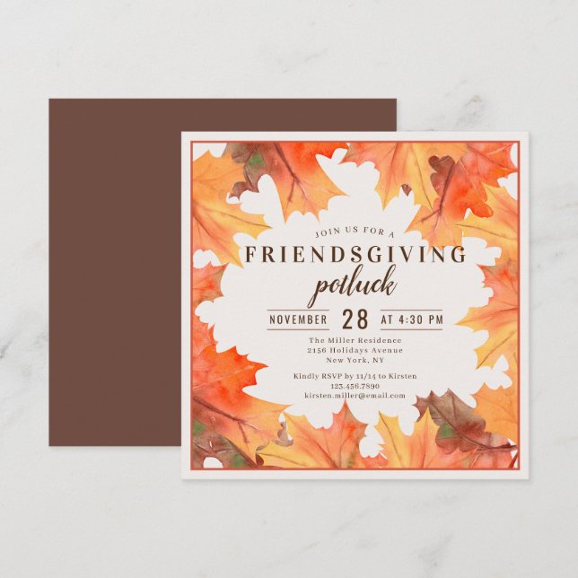 Friendsgiving-Dinner-Potluck Herbstblätter Einladung (Vorne/Hinten)