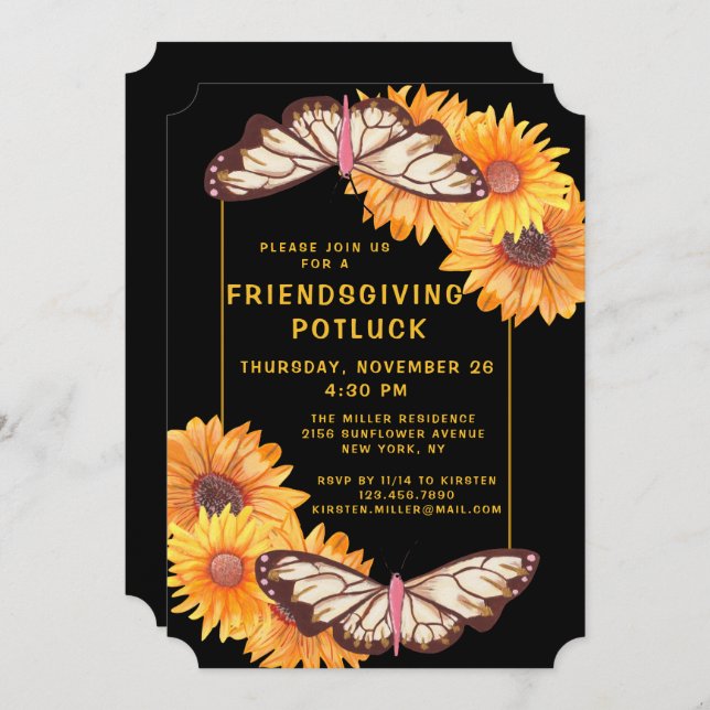 Friendsgiving Dinner Potluck Sunblumen Butterfly Einladung (Vorne/Hinten)