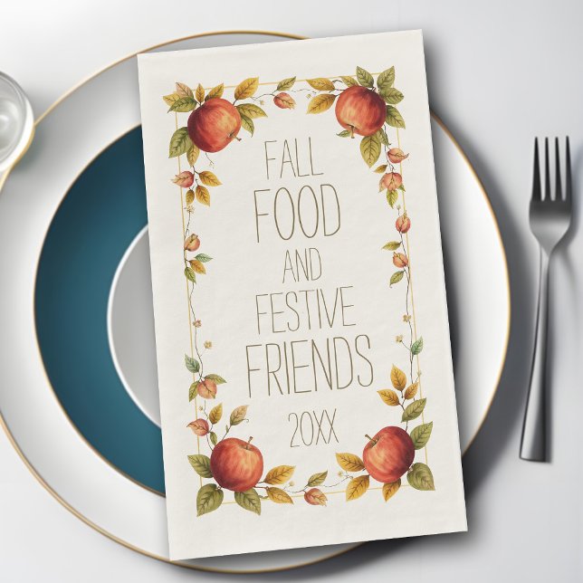 Friendsgiving Fall Food Festivals Freunde Apple Le Serviette (Personalized Friendsgiving napkins featuring a charming rustic border of Autumn leaves and apples)