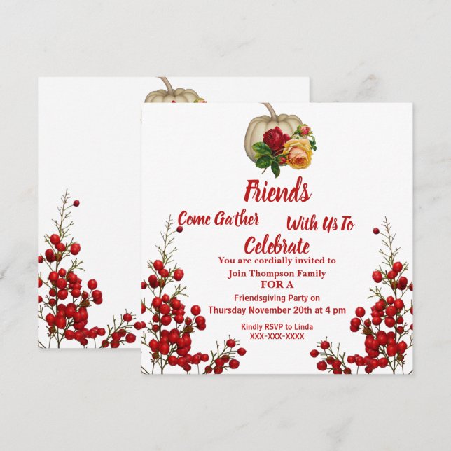 Friendsgiving Herbst Kürbstkürbis Rose Red Berry Einladung (Vorne/Hinten)