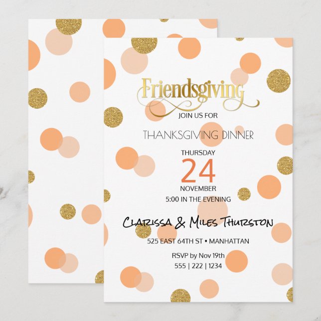 Friendsgiving Orangen-u. Goldpunkte modern Einladung (Vorne/Hinten)
