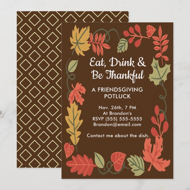 Friendsgiving Potluck Brown Erntedank Einladung (Vorne/Hinten)