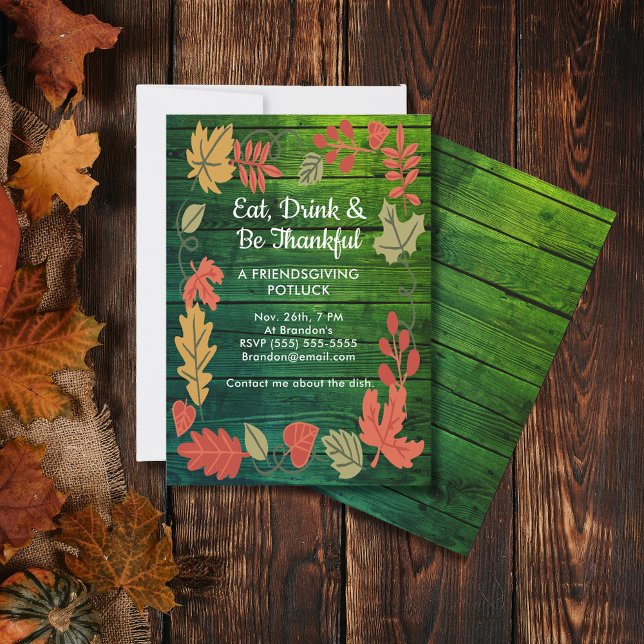 Friendsgiving Potluck Deep Color Green Wood laden (Friendsgiving Potluck Deep Color Green Wood Invite)