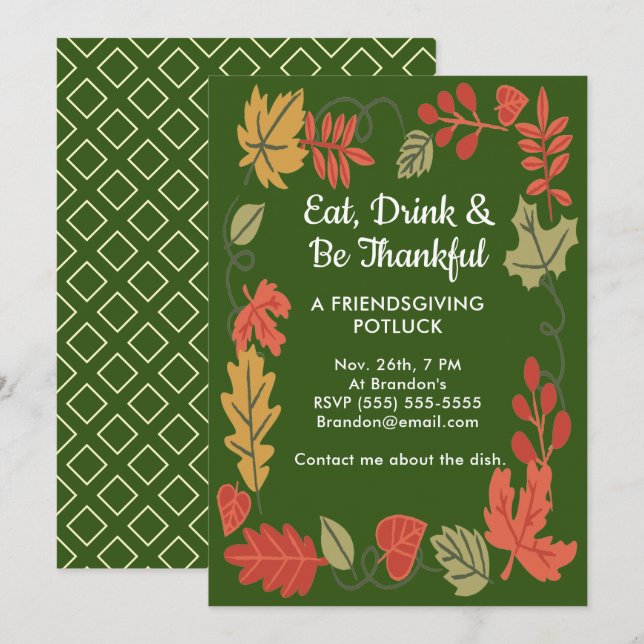 Friendsgiving Potluck Green Erntedank Einladung (Vorne/Hinten)
