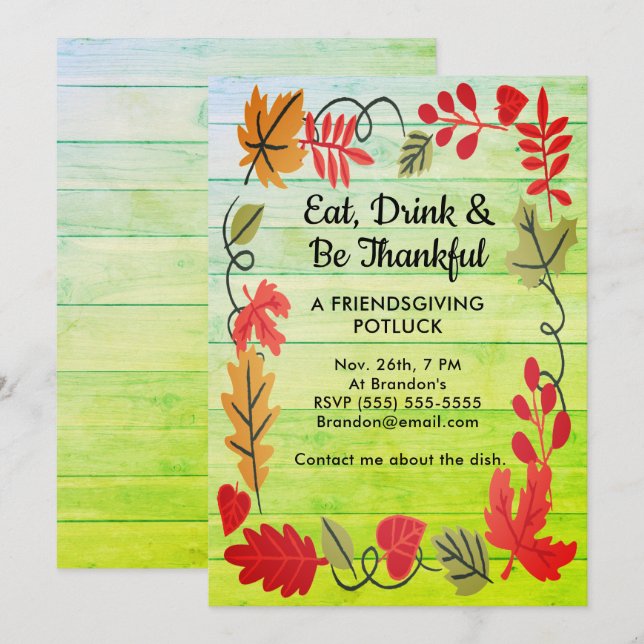 Friendsgiving Potluck Green Wood Design Einladung (Vorne/Hinten)