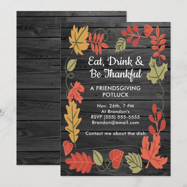 Friendsgiving Potluck Smoky Black Wood Einladung (Vorne/Hinten)