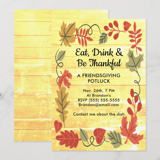 Friendsgiving Potluck Yellow Wood Design Einladung (Vorne/Hinten)