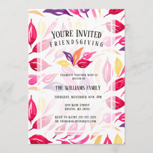 Friendsgiving Watercolor Pink Lila Gelbe Blätter Einladung