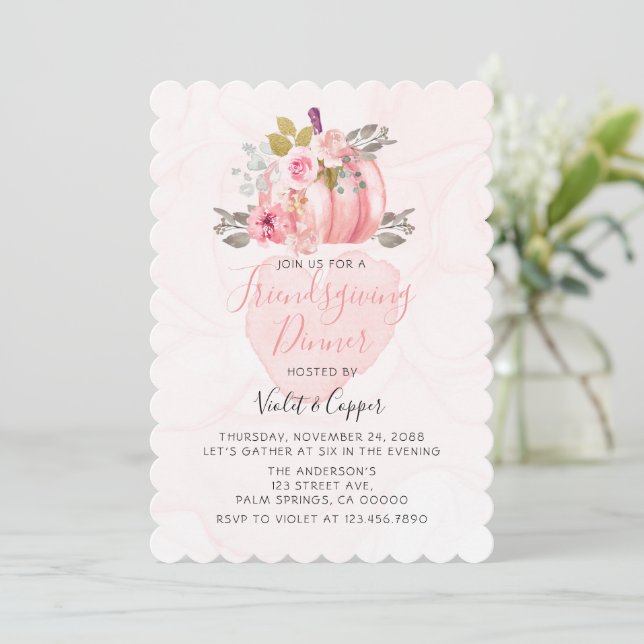 Friendsgiving Watercolor Pumpkin Peony Pink Einlad Einladung (Stehend Vorderseite)
