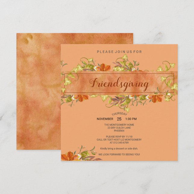 Friendsgiving Watercolor Rustikale Herbstlaube Einladung (Vorne/Hinten)