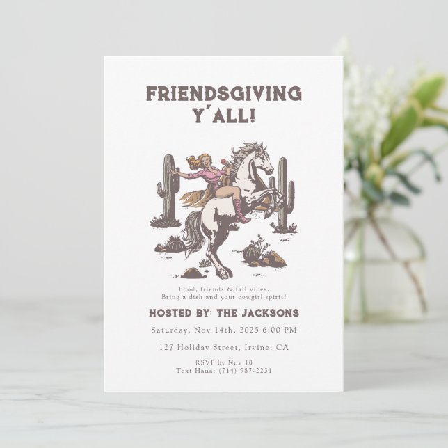 Friendsgiving Y’all Invitation Retro Cowgirl  (Debout devant)