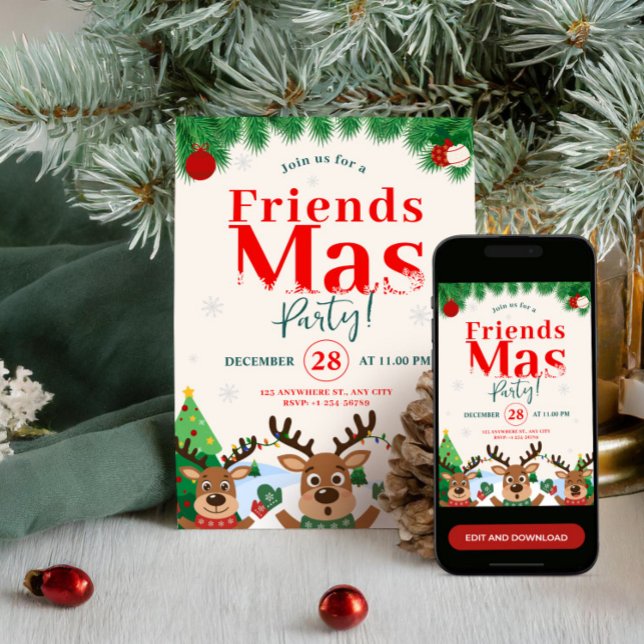 Friendsmas Christmas Holiday Party Cute Reindeer Einladung (Friendsmas Christmas Holiday Party Cute Reindeer Invitation)