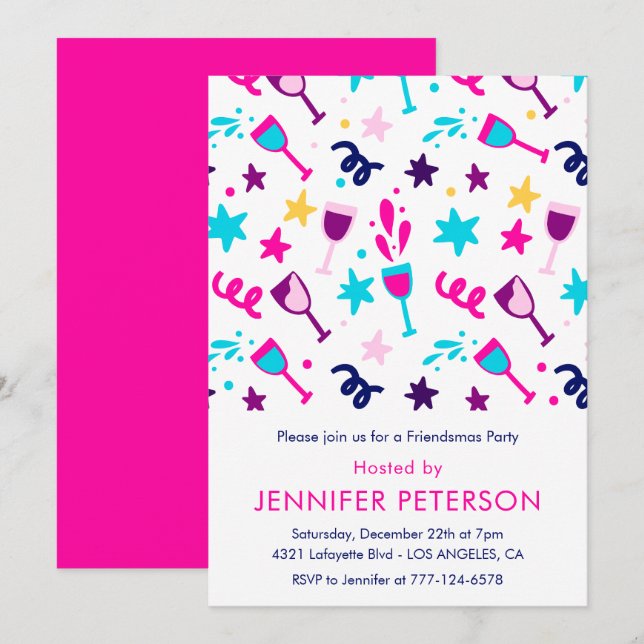 Friendsmas Einladungen Cocktail Modern Pink (Vorne/Hinten)