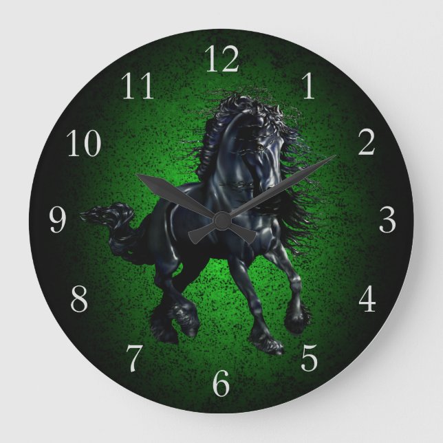 Friese Pferd/Schwarzer Hengst Schönheitsgranit Große Wanduhr (Vorderseite)