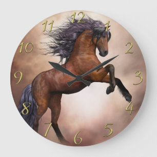 Friesian brown horse rearing up with misty clouds1 große wanduhr