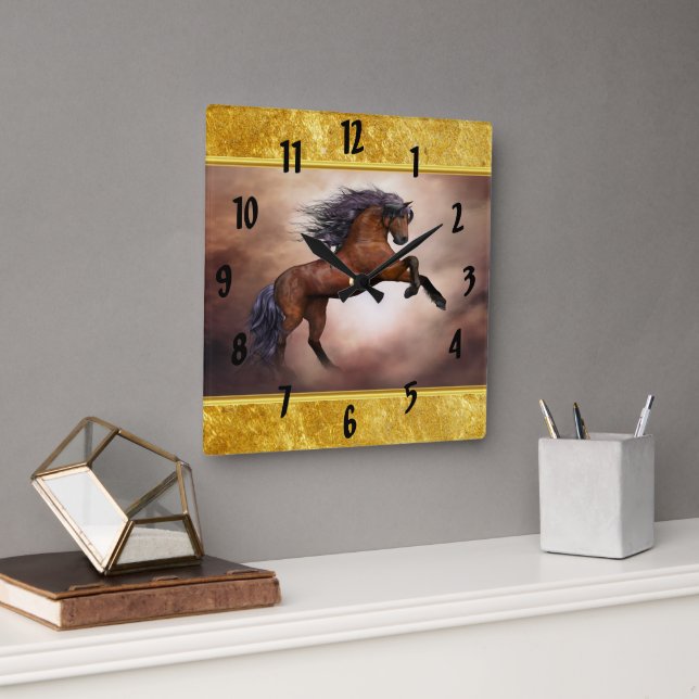Friesian brown horse rearing up with misty clouds quadratische wanduhr (Büro)