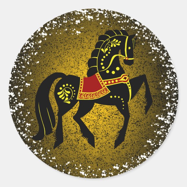 Friesian Folk Black Hallion/beauty, Snow, Gold Runder Aufkleber (Vorderseite)