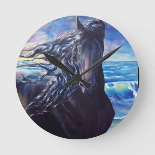 Friesian horse black stallion at ocean throw pillo runde wanduhr