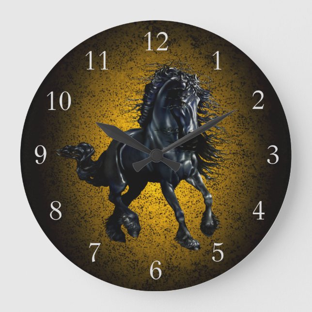 Friesian Horse, Black Stallion Beauty Gold Granite Große Wanduhr (Vorderseite)