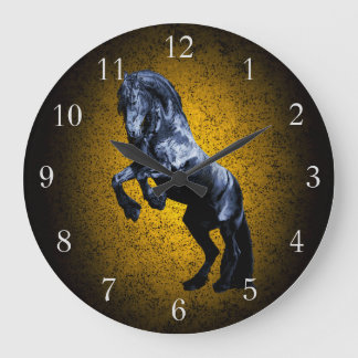 Friesian Horse, Black Stallion Beauty Gold Granite Große Wanduhr