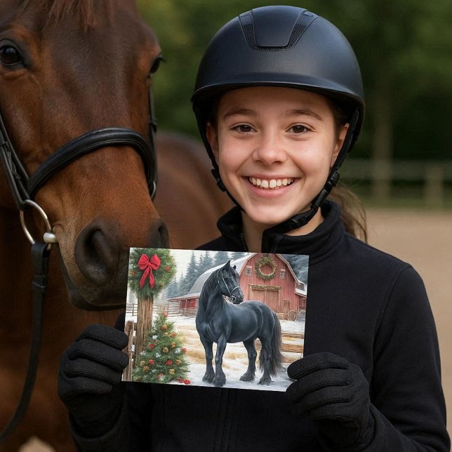 Friesian Horse Merry Christmas  Postkarte (Christmas postcard featuring a Friesian horse, ideal for any horse enthusiast.)