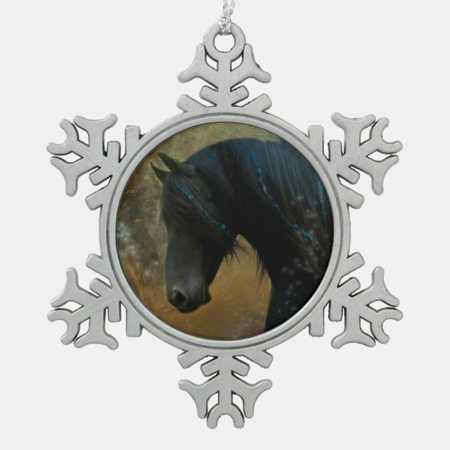 Friesische Pferdeweihnachtsverzierung Schneeflocken Zinn-Ornament (Vorderseite)