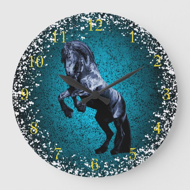 Friesisches Pferd, schwarze Schönheit, Schnee, Große Wanduhr (Vorderseite)