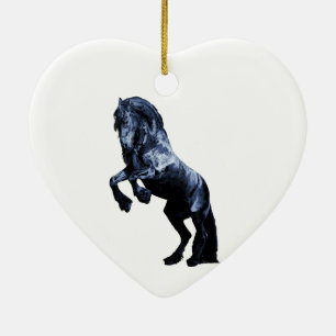 Friesisches Pferd, schwarzer Hengst, rotes Herz Keramik Ornament