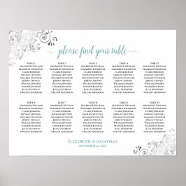 Frilly 10 Table Wedding Seating Chart White & Aqua Poster