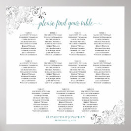 Frilly 11 Table Wedding Seating Chart White & Aqua Poster