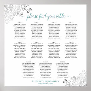 Frilly 11 Table Wedding Seating Chart White & Aqua Poster