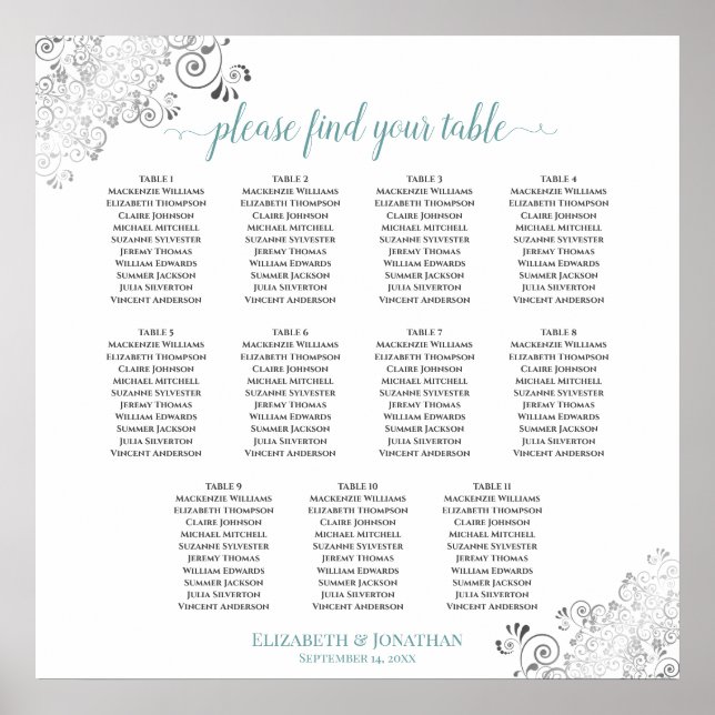 Frilly 11 Table Wedding Seating Chart White & Aqua Poster (Vorne)