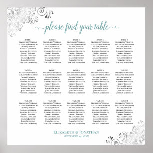 Frilly 15 Table Wedding Seating Chart White & Aqua Poster