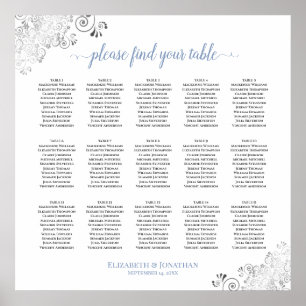 Frilly 15 Table Wedding Seating Chart White & Blue Poster