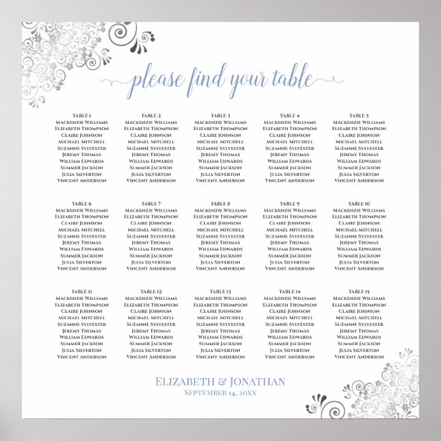 Frilly 15 Table Wedding Seating Chart White & Blue Poster (Vorne)
