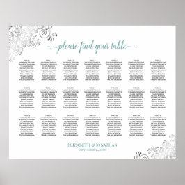 Frilly 21 Table Wedding Seating Chart White & Aqua Poster