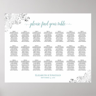 Frilly 21 Table Wedding Seating Chart White & Aqua Poster