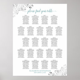 Frilly 22 Table Wedding Seating Chart White & Teal Poster