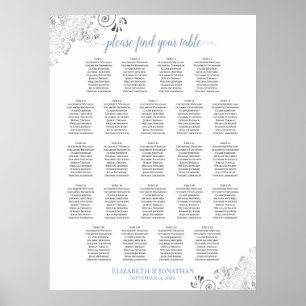 Frilly 23 Table Blue & White Wedding Seating Chart Poster