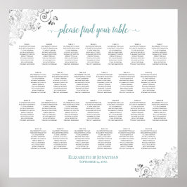Frilly 26 Table Wedding Seating Chart White & Aqua Poster