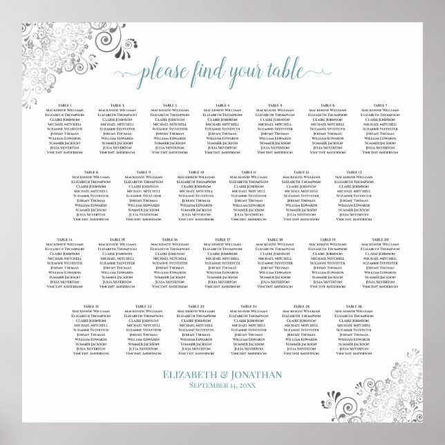 Frilly 26 Table Wedding Seating Chart White & Aqua Poster (Vorne)